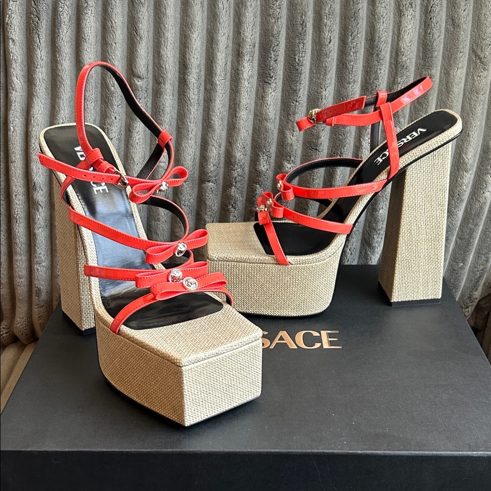 Versace Red Strappy Leather Platform Sandals with Neutral Woven Platform